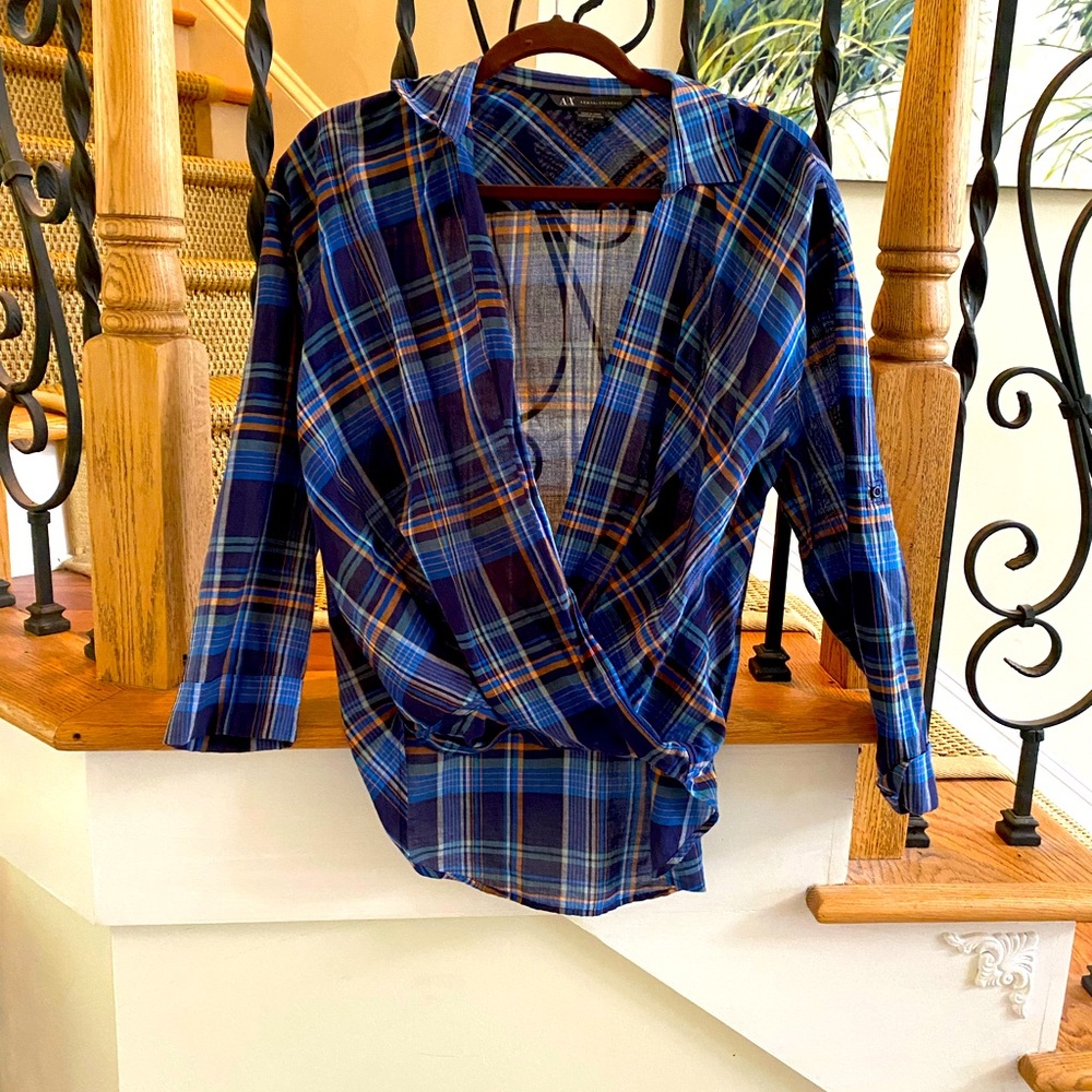 Armani Exchange blue plaid over shirt
